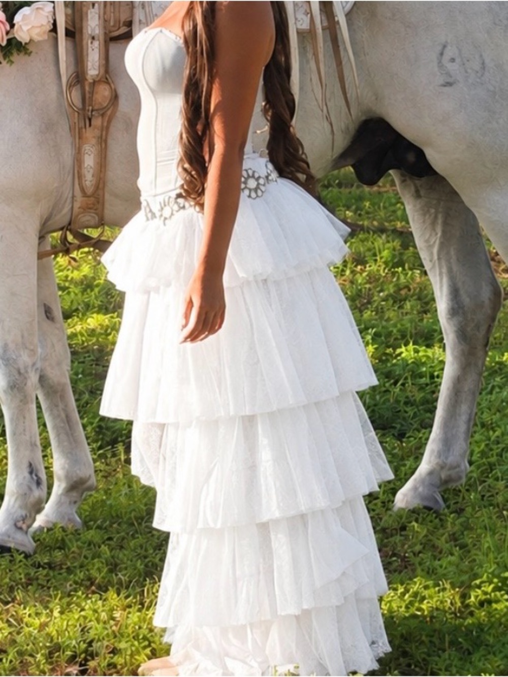 White Tiered Lace Formal Dress for Girls with Corset Bodice